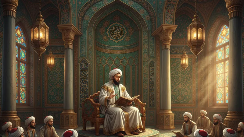 Bir alimin öğrencilerine hadis dersi verdiği, geleneksel İslam sanatları tarzında çizilmiş bir cami içindeki sahne