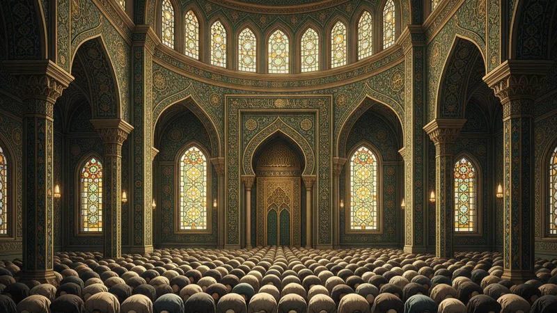 Bir grup Müslüman'ın camide huzur içinde dua ettiği, İslam mimarisi detaylarıyla süslenmiş bir sahne