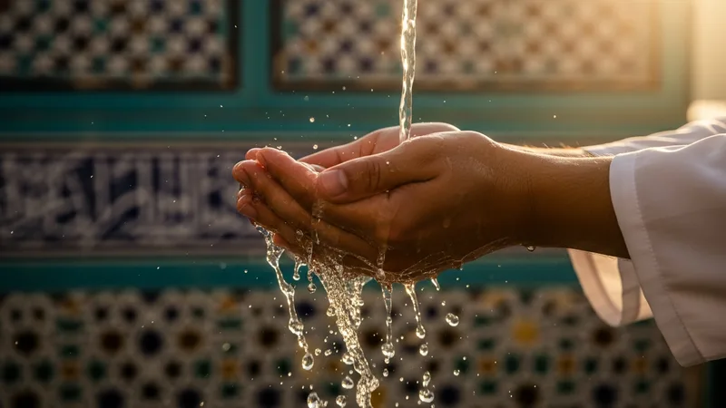 Cami şadırvanında abdest alan insanlar