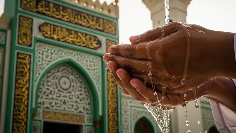 Abdest alan bir Müslüman'ın elleri, suyun berraklığı ve huzur dolu bir atmosfer