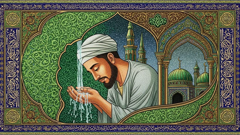 Abdest alan bir kişi, suyun damlaları ve abdestin huzurlu atmosferi