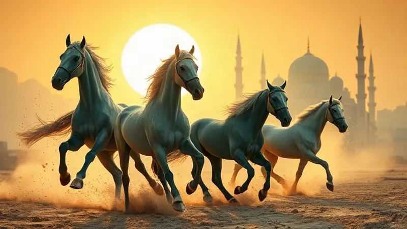 Adiyat Suresi okunuşu ve anlamı için koşan atlar temalı İslami illüstrasyon