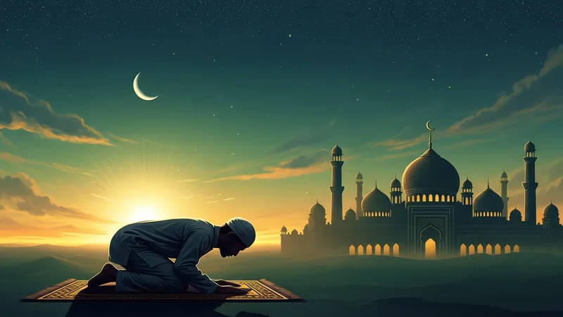 Akşam vakti cami silüeti altında dua eden bir Müslüman