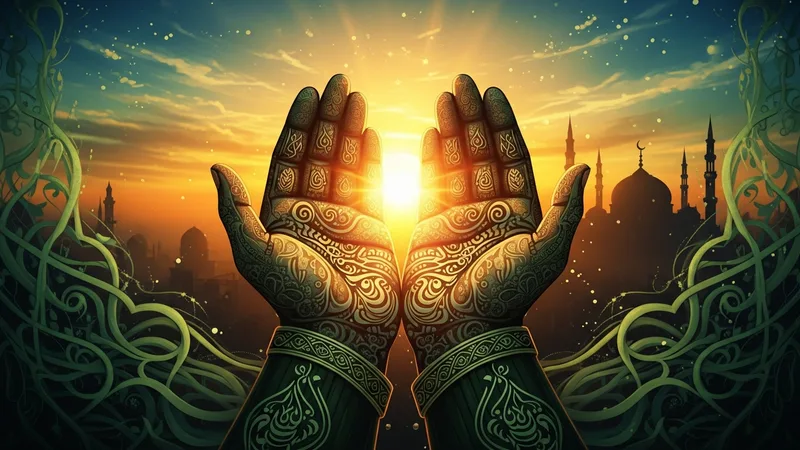 Gün batımında dua eden eller, altın rengi ışıklarla aydınlatılmış
