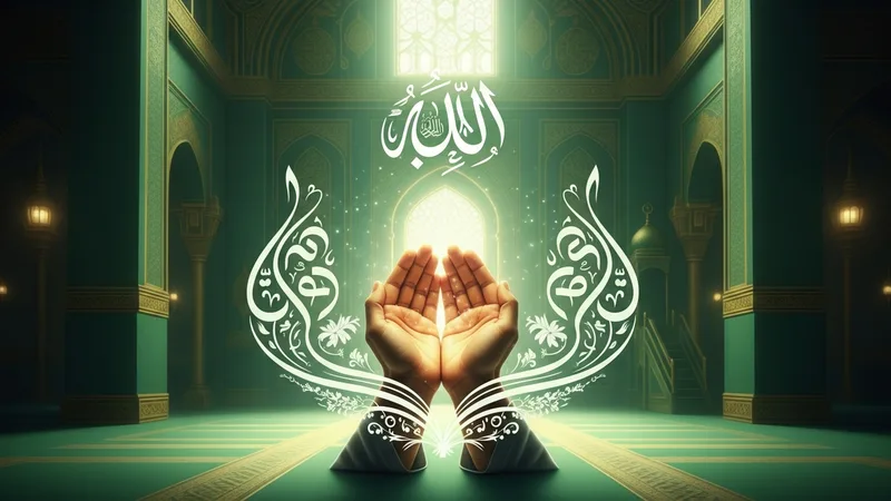 İslami sanat tarzında, dua eden ellerin etrafında 'Er-Rahim' yazısı ve cami iç mekanı