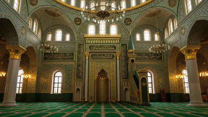 Allah'ın subuti sıfatlarını yansıtan bir cami görseli, altın işlemeler ve yeşil detaylar