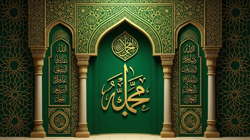 Allah'ın sıfatları konulu bir hat sanatı eseri, altın rengi ve İslami motifler