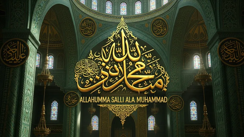 Allahümme Salli yazılı bir levha, altın rengi hat sanatı ile işlenmiş