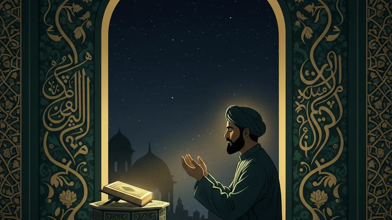 Gece vakti yıldızlı gökyüzü altında Kur'an okuyan bir kişi, Amenerresulü'nün gece okunmasının faziletini simgeliyor