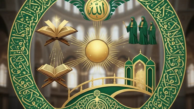 İslam'ın altı iman esasını temsil eden sembolik unsurlar, yeşil ve altın renk tonlarında, akıcı bir İslam kaligrafisi tasarımının içinde. Allah'ın birliği, meleklerin kanatları, açık bir kitap, peygamberlerin asası, cennet ve cehennem imgeleri, kaderin dengesi.