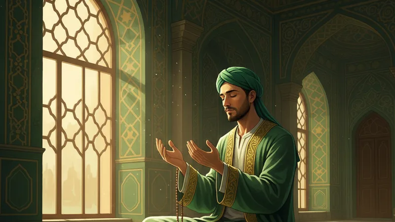 Sakin bir odada, güneş ışığıyla aydınlanmış bir köşede, gözleri kapalı, huzur içinde dua eden bir kişi. Çevresinde hafif İslam motifleri ve dingin bir atmosfer. Islamic art style, serenity, devotion.