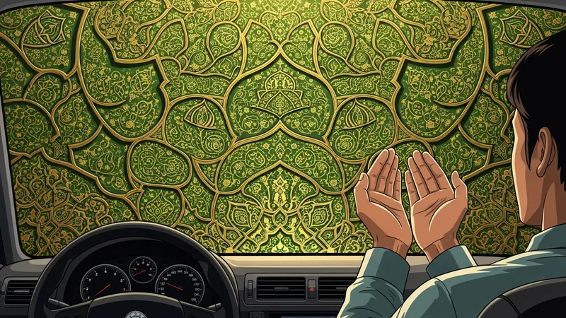 Araba kullanan bir kişinin ellerini açmış dua ederken İslamî motiflerle bezenmiş illüstrasyonu