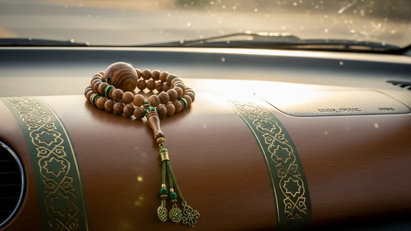 İslam sanatıyla süslenmiş bir arabanın ön konsolunda tesbih dururken, güneş ışınları huzur verici bir atmosfer yaratıyor.