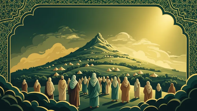 Arefe günü Arafat'ta vakfeye duran hacıların temsili çizimi (Islamic art style)