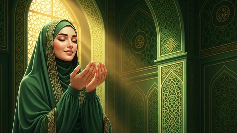 Elleri açık dua eden bir Müslüman'ın görseli (green and gold islamic art)