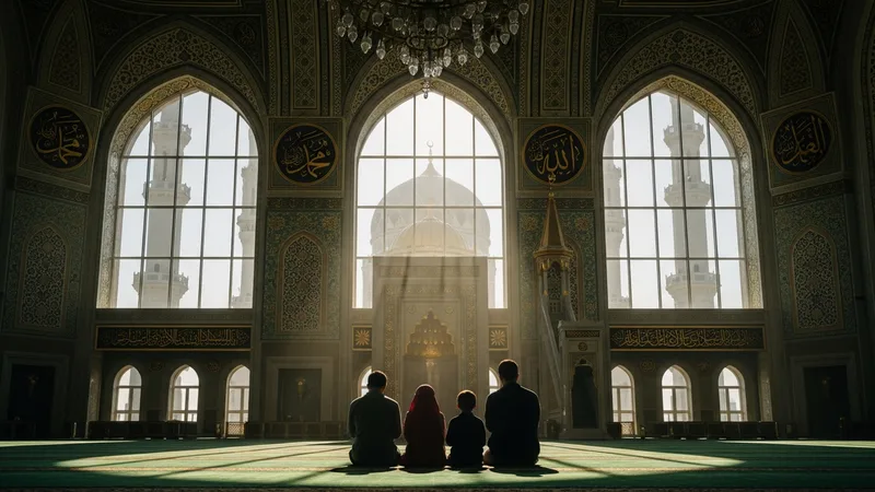 Camide dua eden bir ailenin silüeti (Islamic art, mosque background)