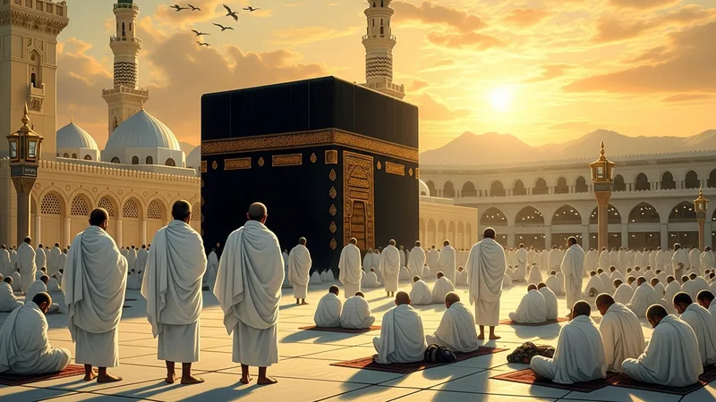 Arafat dağında dua eden hacıları gösteren İslami sanat tarzında bir görsel
