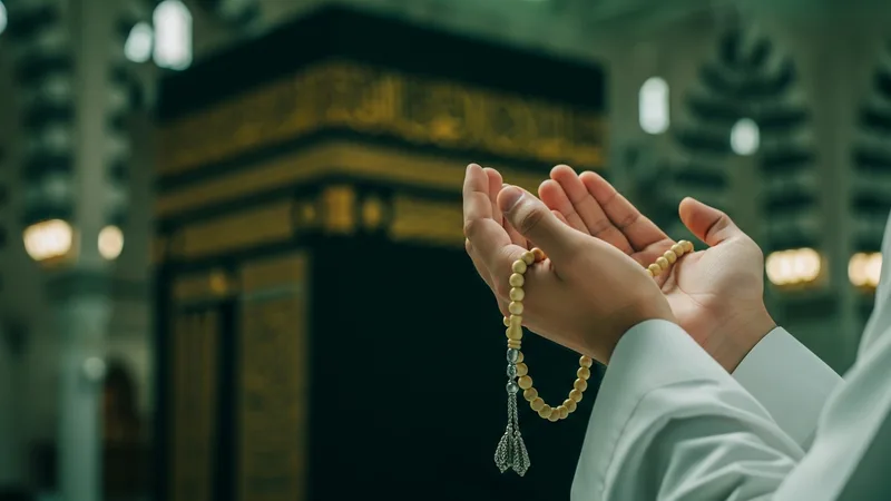 Ellerini açmış dua eden bir Müslümanın yakın çekim fotoğrafı, arka planda cami silüeti