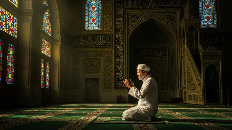 Aşure günü orucu tutan bir Müslüman'ın ellerini açıp dua ederkenki görseli, sıcak renkler ve İslami motiflerle süslenmiş