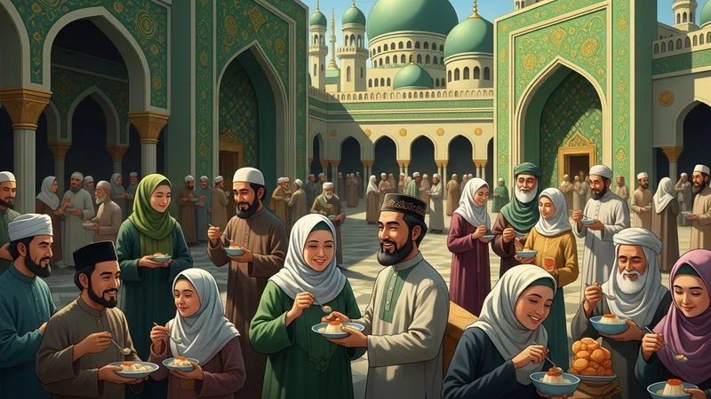 Bir cami avlusunda toplanmış insanların Aşure tatlısı yerkenki samimi anları, geleneksel kıyafetler ve neşeli yüz ifadeleri