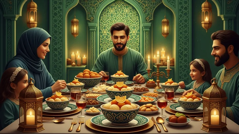 Bir ailenin iftar sofrasında bir araya gelerek Aşure tatlısı yerkenki sıcak ve samimi atmosferi, mum ışıkları ve İslami motiflerle aydınlatılmış