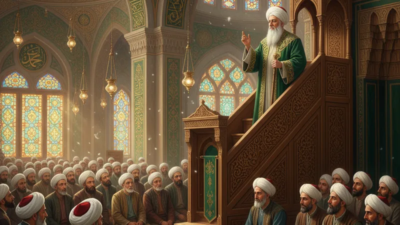Bir cami minberinden ders veren, İslami kıyafetli bir hocaefendi