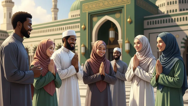 Farklı mezheplerden müslümanların bayram namazı sonrası tekbir getirmesini simgeleyen bir illüstrasyon.