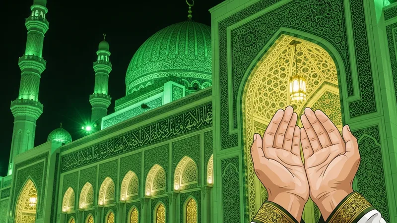 Berat Kandili'nde dua eden eller, islami motiflerle süslenmiş bir cami içinde