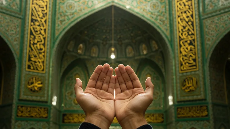 Berat Kandili'nde dua eden eller, İslam sanatıyla işlenmiş bir cami içinde