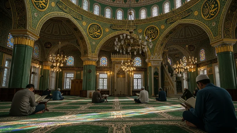 Berat Kandili'nde camide Kur'an okuyan insanlar, altın rengi işlemelerle süslü