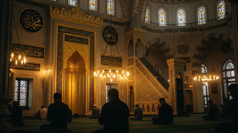 Berat Kandili'nde camide ibadet eden insanlar, altın renkli detaylar