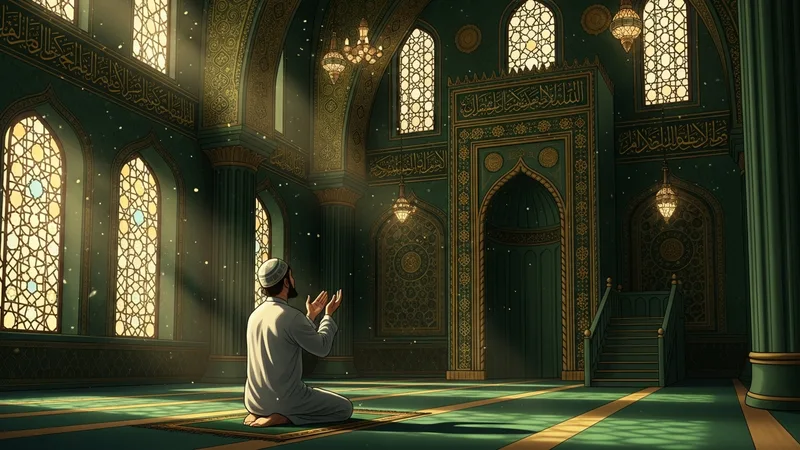 Müslüman bir adam ellerini açmış, cami içinde dua ediyor, borçtan kurtulma duası