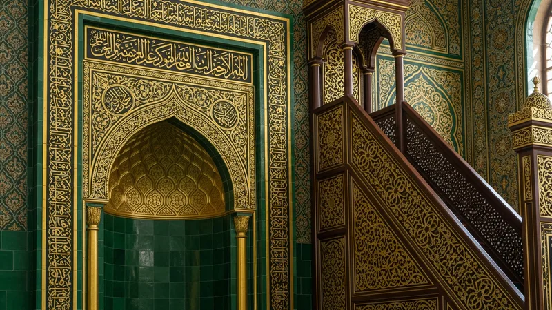 Bir caminin içindeki mihrap ve minberin altın rengi detayları, huzurlu bir atmosfer