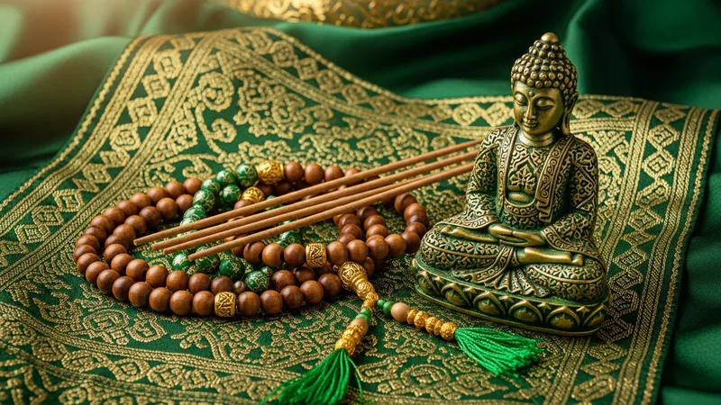 Çeşitli Budist sembollerinin ve ritüel objelerinin bulunduğu bir kompozisyon