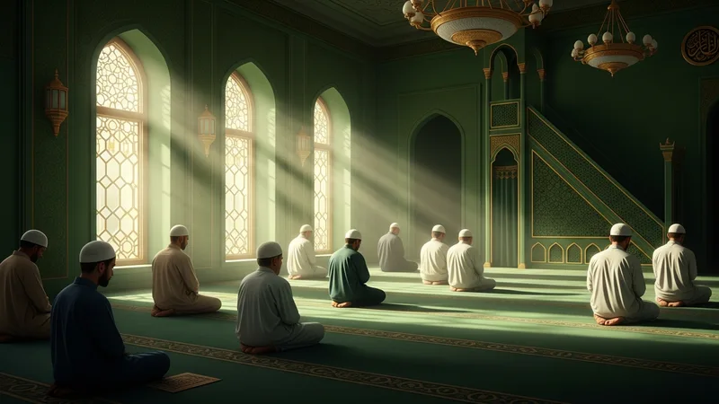 Bir cami içinde ibadet eden insanlar, huzurlu bir atmosferde, İslami mimari detayları ve doğal ışık ile bezenmiş bir sahne, manevi bir derinliği yansıtan sanat eseri.