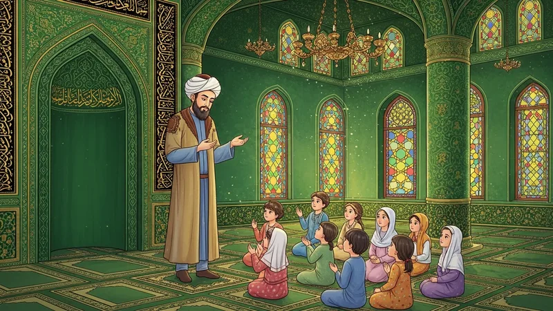 Camide çocuklara dua eden bir imam figürü, minyatür sanatı ile çizilmiş