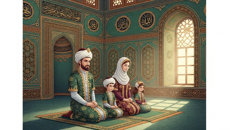Çocuklarıyla birlikte dua eden bir aile, Osmanlı minyatür sanatıyla çizilmiş
