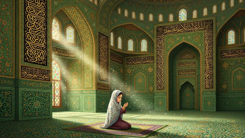 Namaz kılmayı öğrenen küçük bir kız çocuğu, cami içinde