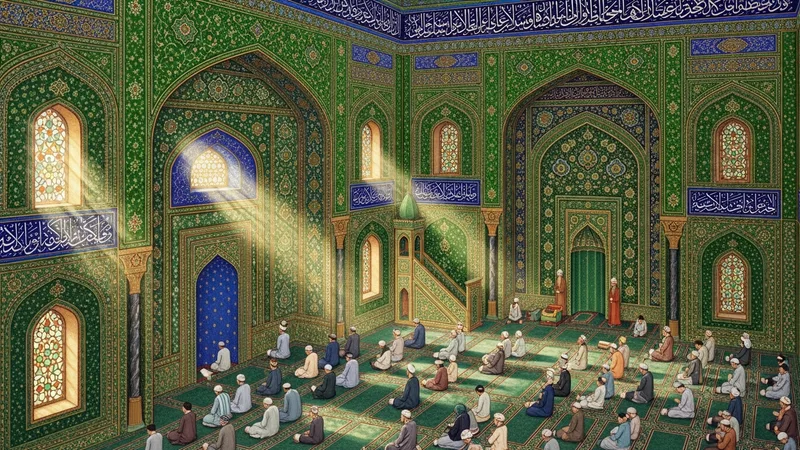 Cuma günü camide dua eden müslümanlar, minyatür tarzında çizim