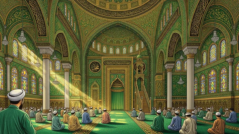 Cuma hutbesi dinleyen cemaat, cami içi çizimi