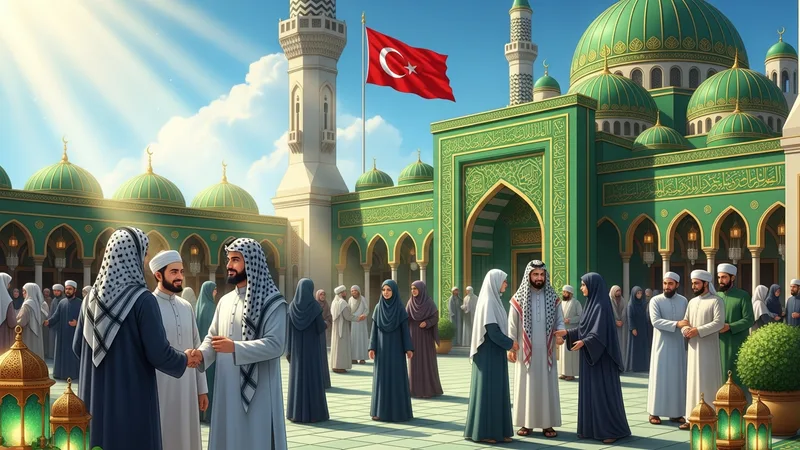 Cuma günü cami önünde toplanan müslümanlar, bayrak detayı