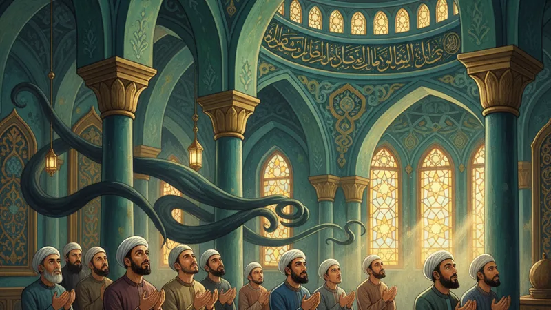 Bir grup Müslümanın, Deccal'in fitnesinden korunmak için dua ederken tasviri, arka planda İslami mimari detaylar ve huzurlu bir atmosfer.