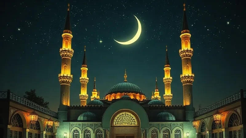 Kandil gecelerinde cami minarelerinde yanan ışıklar ve hilal