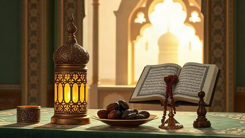 Ramazan ayında iftar sofrası, fener ve tesbih ile manevi atmosfer
