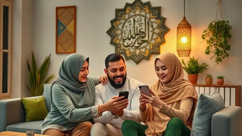 Modern bir Müslüman aile telefonda namaz vakitleri ve dini günler uygulamasına bakıyor