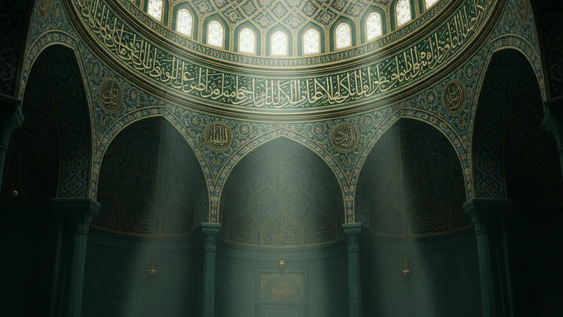 Bir caminin kubbesinin altında dua eden bir kişinin silüeti, huzurlu ve mistik bir atmosferde, İslami sanat tarzında.