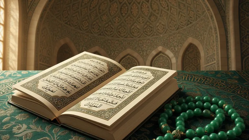 Altın ve yeşil renklerde, geometrik desenlerle süslenmiş, açılmış bir dua kitabı ve tesbih, İslami sanat tarzında.