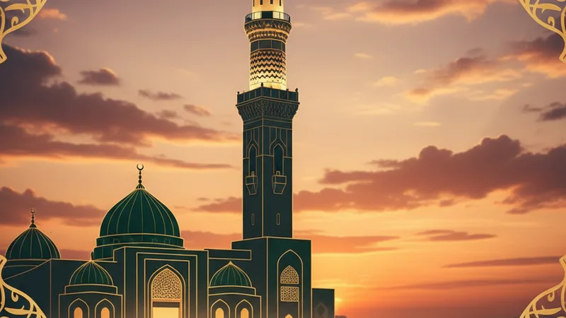 Güneş batarken bir caminin minaresine yansıyan altın rengi ışıklarla, dua eden bir topluluğun silüeti, huzurlu ve İslami mimari detaylarla.