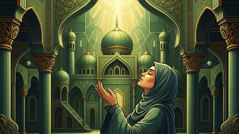 Müslüman bir kadının ellerini açmış dua ederken çizimi, arka planda cami silüeti
