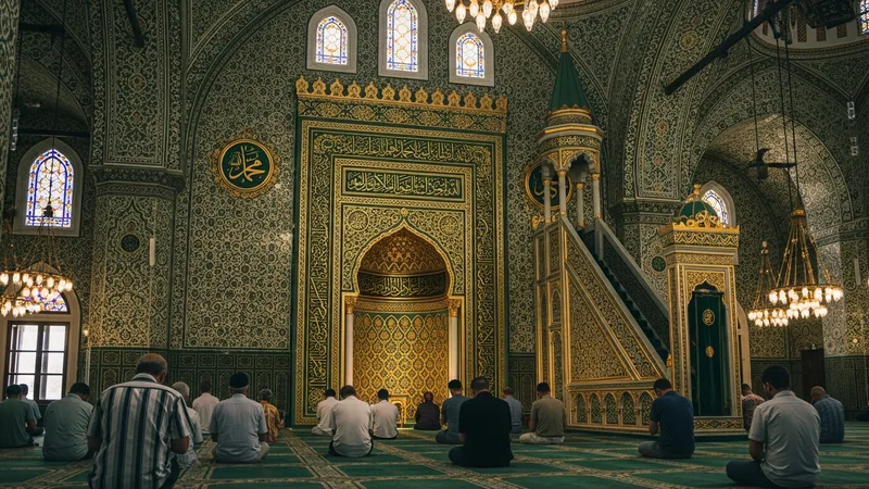 cami içinde elleri açık dua eden cemaat, minber ve mihrap detayı